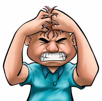 cartoon man holding head and grimacing in frustration
