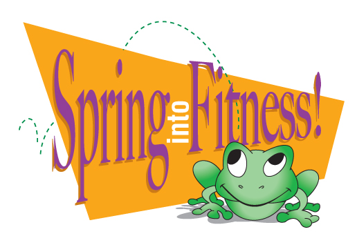 cartoon of frog with text "spring into fitness"